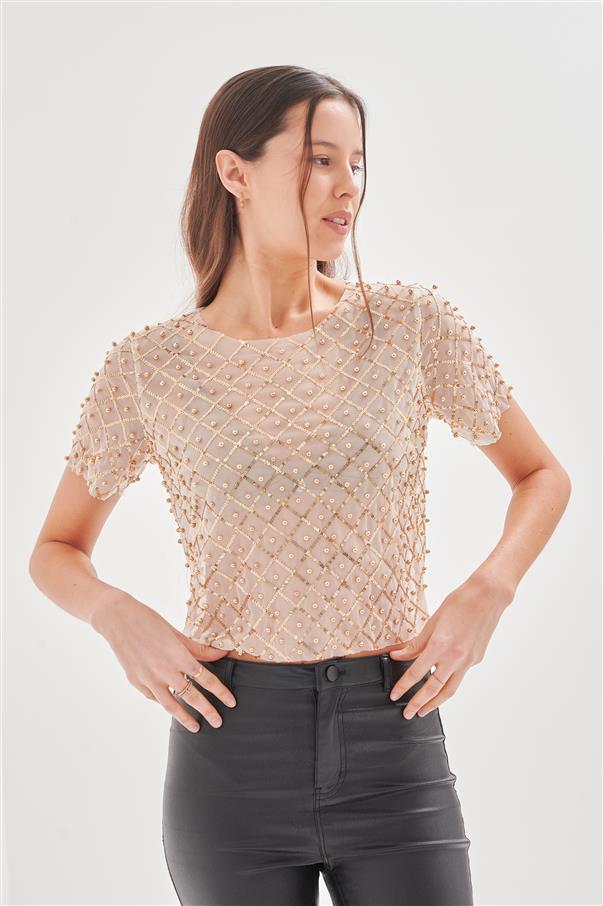 Top Sara Beige Tull con Bordado y Piedras GU5009