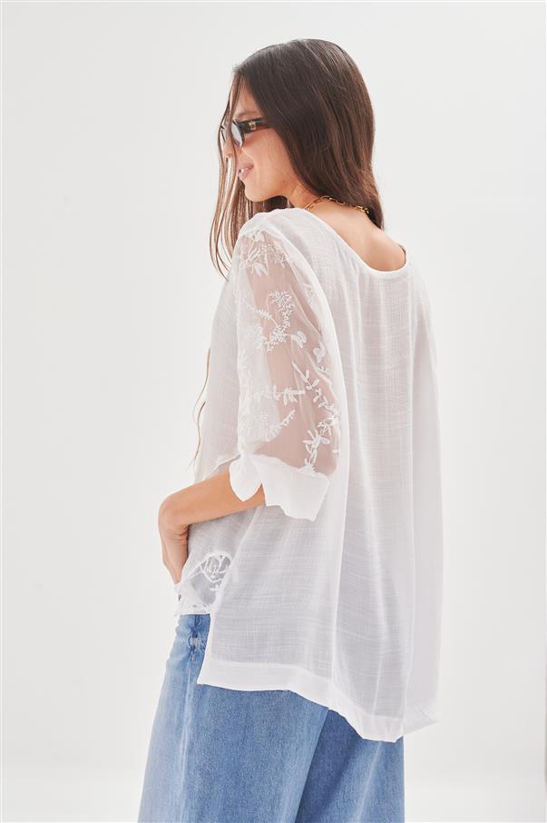 Blusa Lino con Manga Gasa Bordada GU35