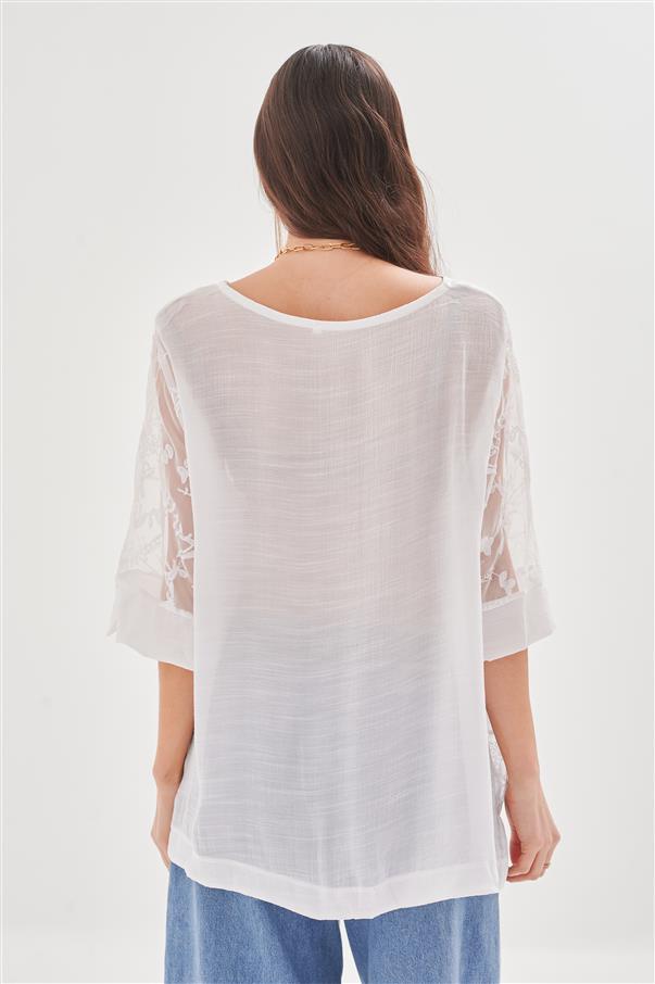 Blusa Lino con Manga Gasa Bordada GU35