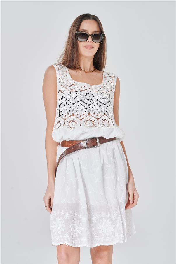 Vestido Gantz White Crochet Bordado GICH5072