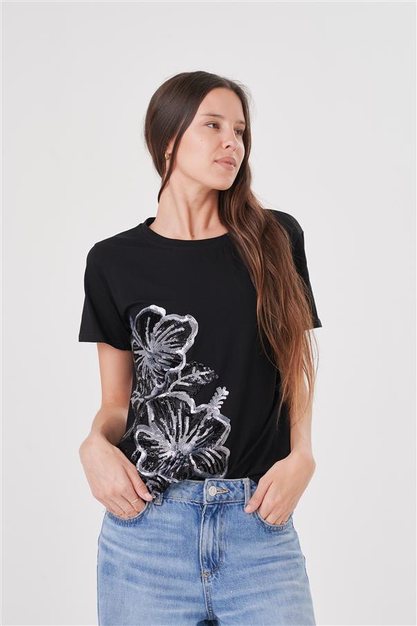 Remera Pretty Flowers Lentejuelas GU5005