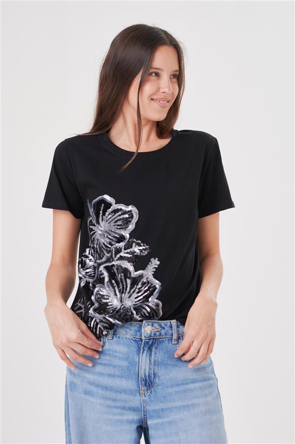 Remera Pretty Flowers Lentejuelas GU5005