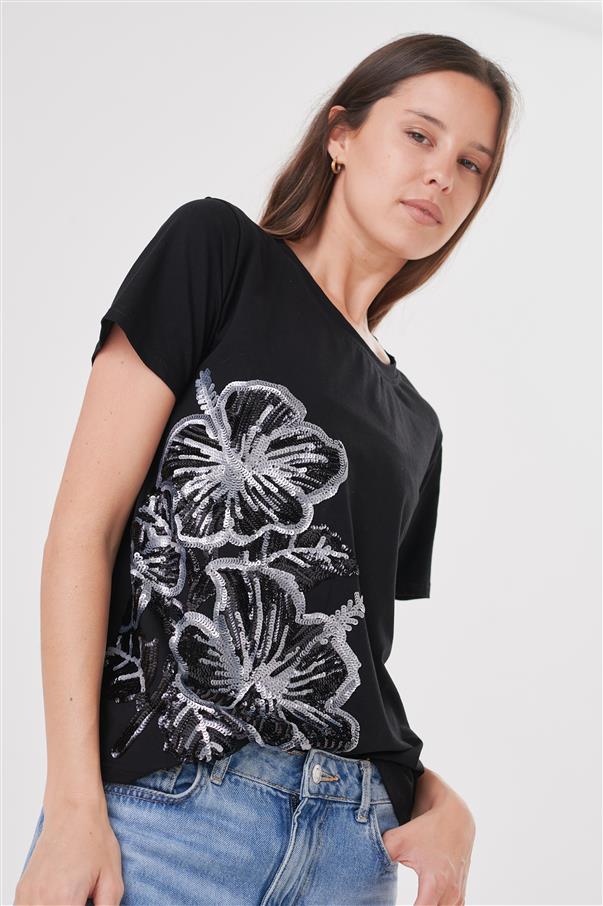 Remera Pretty Flowers Lentejuelas GU5005