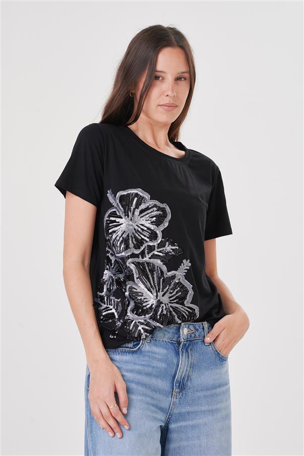 Remera Pretty Flowers Lentejuelas GU5005