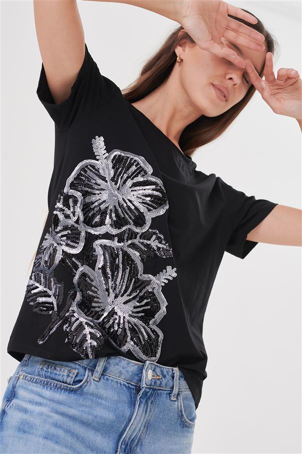 Remera Pretty Flowers Lentejuelas GU5005