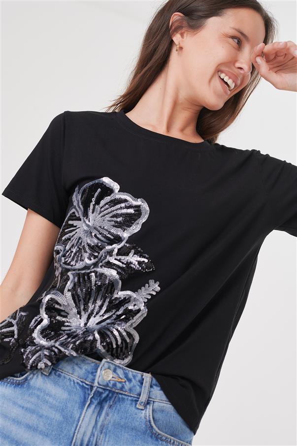 Remera Pretty Flowers Lentejuelas GU5005