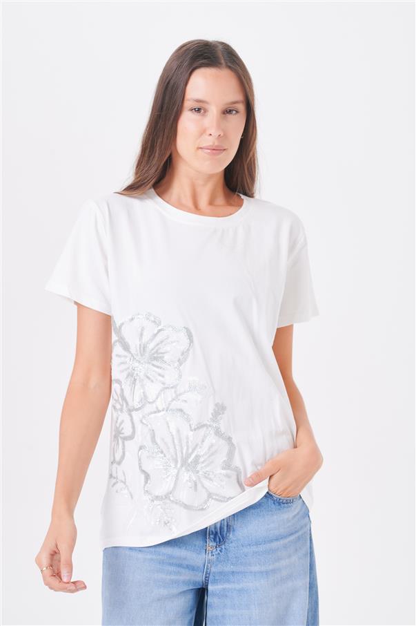 Remera Pretty White Flowers Lentejuelas GU5005