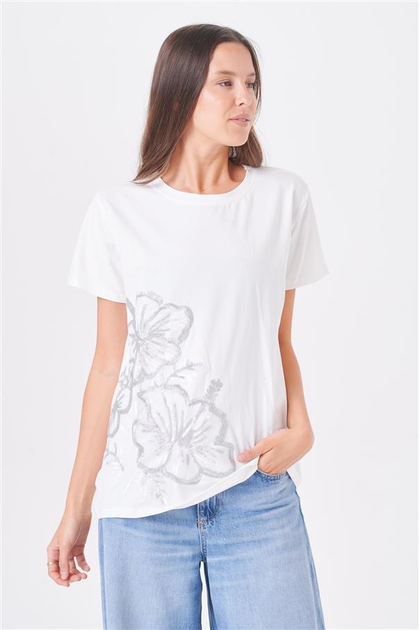 Remera Pretty White Flowers Lentejuelas GU5005