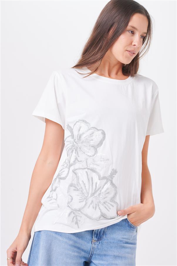 Remera Pretty White Flowers Lentejuelas GU5005