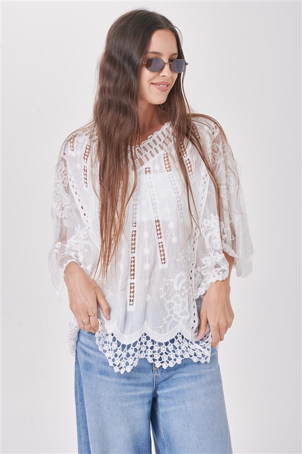 Blusa Felisa Guipiur con Encaje Manga Tull GICH5077