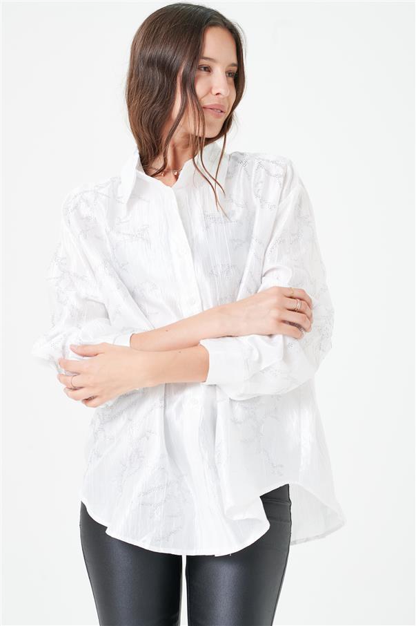 Camisa Oversize de Satin con Strass GUK4026