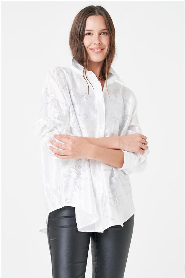 Camisa Oversize de Satin con Strass GUK4026