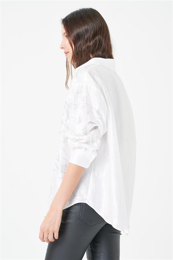 Camisa Oversize de Satin con Strass GUK4026