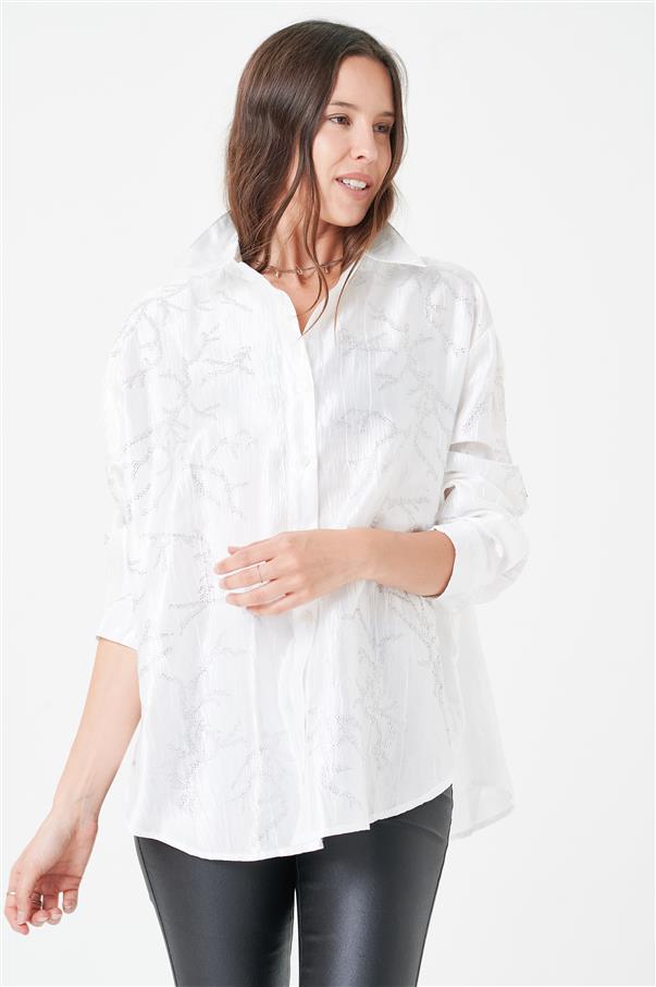 Camisa Oversize de Satin con Strass GUK4026