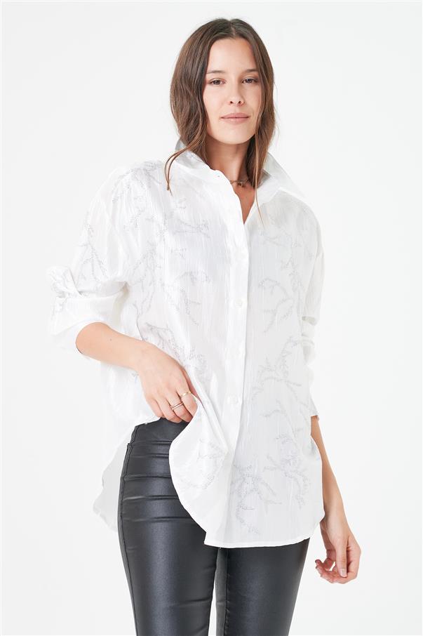 Camisa Oversize de Satin con Strass GUK4026