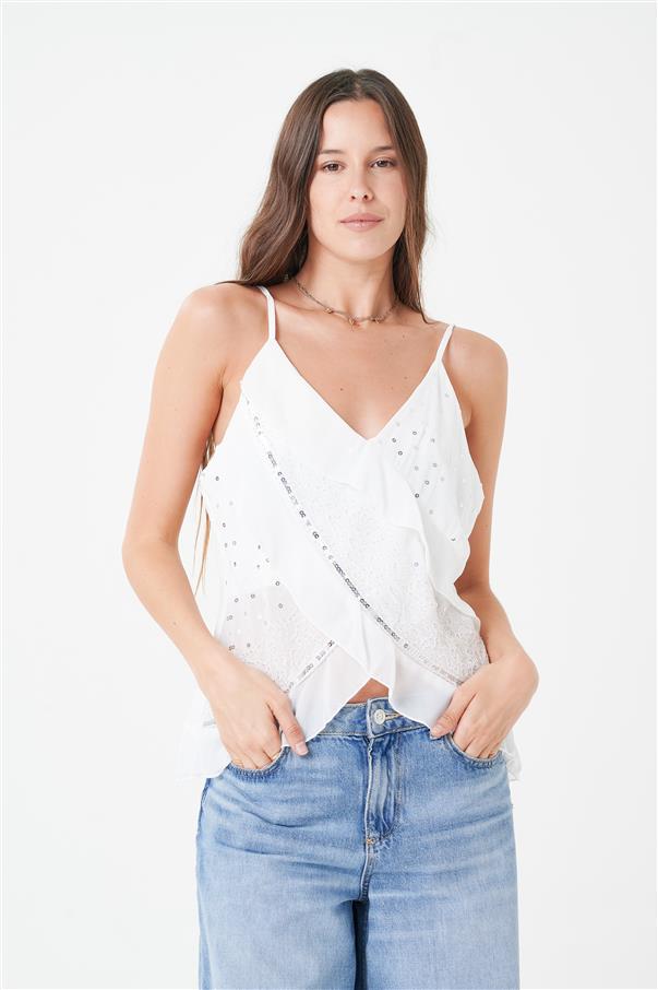 Musculosa Gasa Cruzada con Doble Volado con Lentejuelas y Canutillos GUK4073