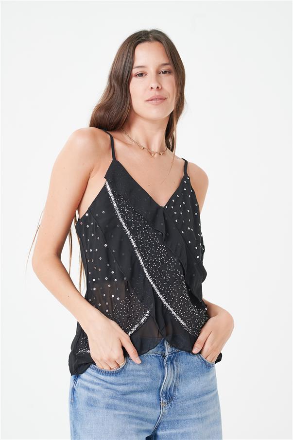 Musculosa Gasa Cruzada con Doble Volado con Lentejuelas y Canutillos GUK4073