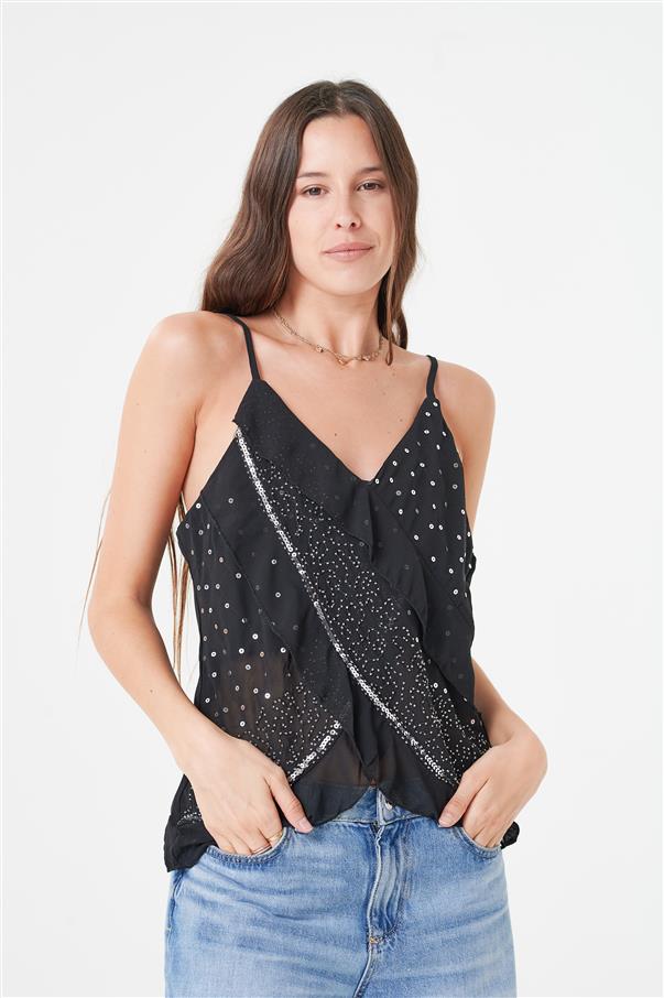 Musculosa Gasa Cruzada con Doble Volado con Lentejuelas y Canutillos GUK4073