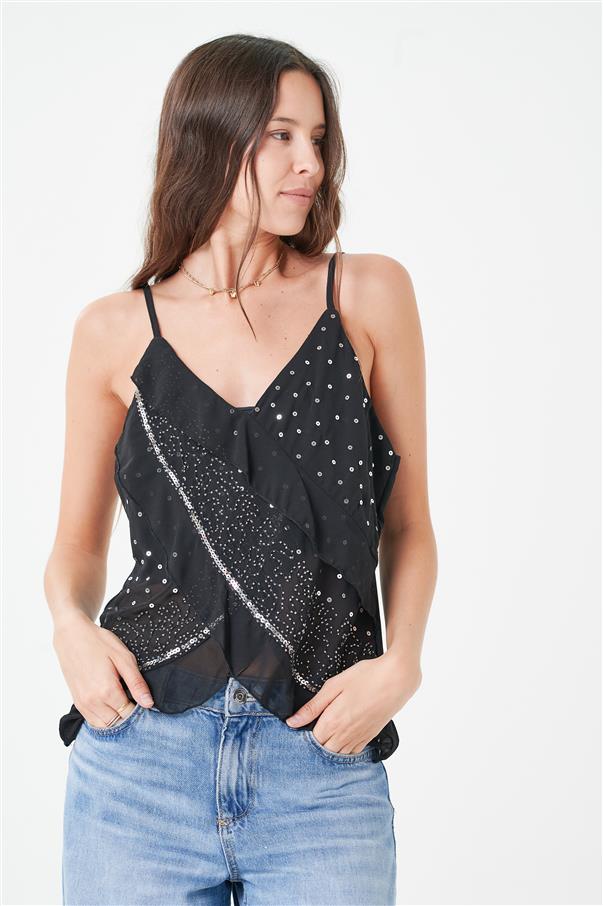 Musculosa Gasa Cruzada con Doble Volado con Lentejuelas y Canutillos GUK4073