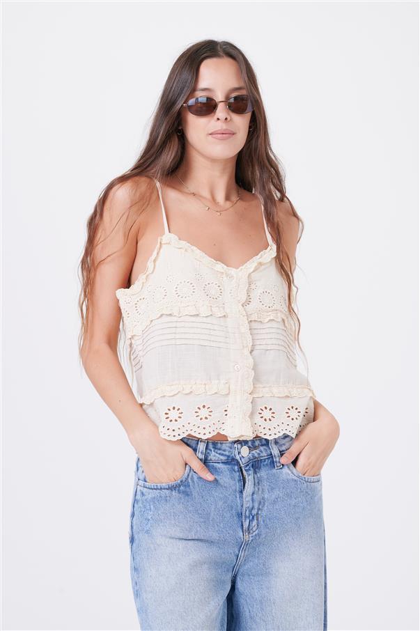 Musculosa Kavanah de Lino Abotonada con Tablitas y Broderie GUK4067