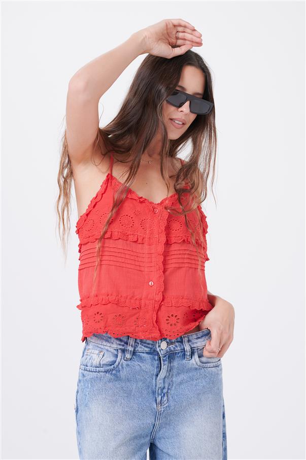 Musculosa Kavanah de Lino Abotonada con Tablitas y Broderie GUK4067