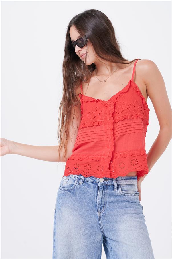 Musculosa Kavanah de Lino Abotonada con Tablitas y Broderie GUK4067