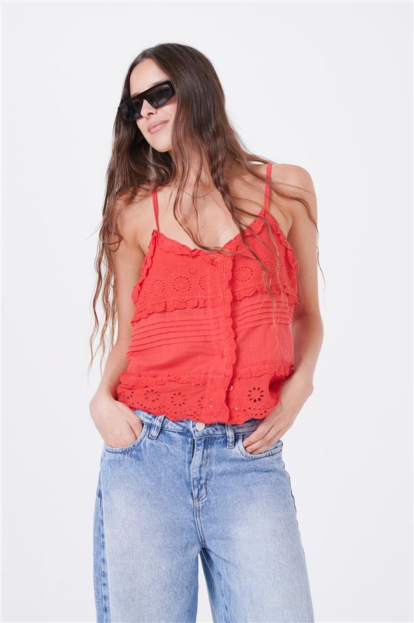 Musculosa Kavanah de Lino Abotonada con Tablitas y Broderie GUK4067