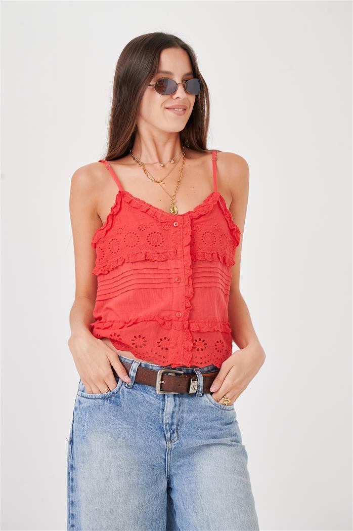 Musculosa  Kavanah de Lino  Abotonada con Tablitas y Broderie GUK4067