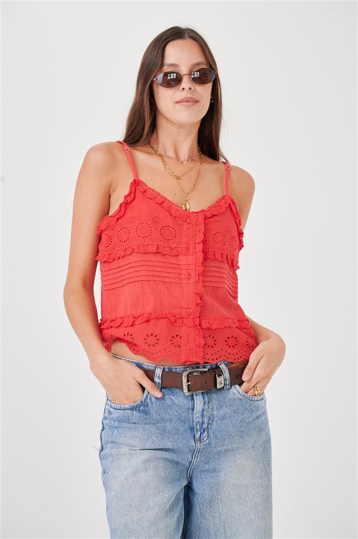 Musculosa  Kavanah de Lino  Abotonada con Tablitas y Broderie GUK4067