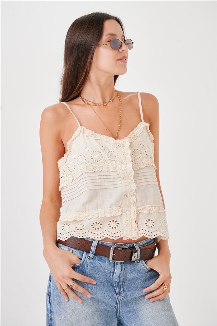 Musculosa  Kavanah de Lino  Abotonada con Tablitas y Broderie GUK4067