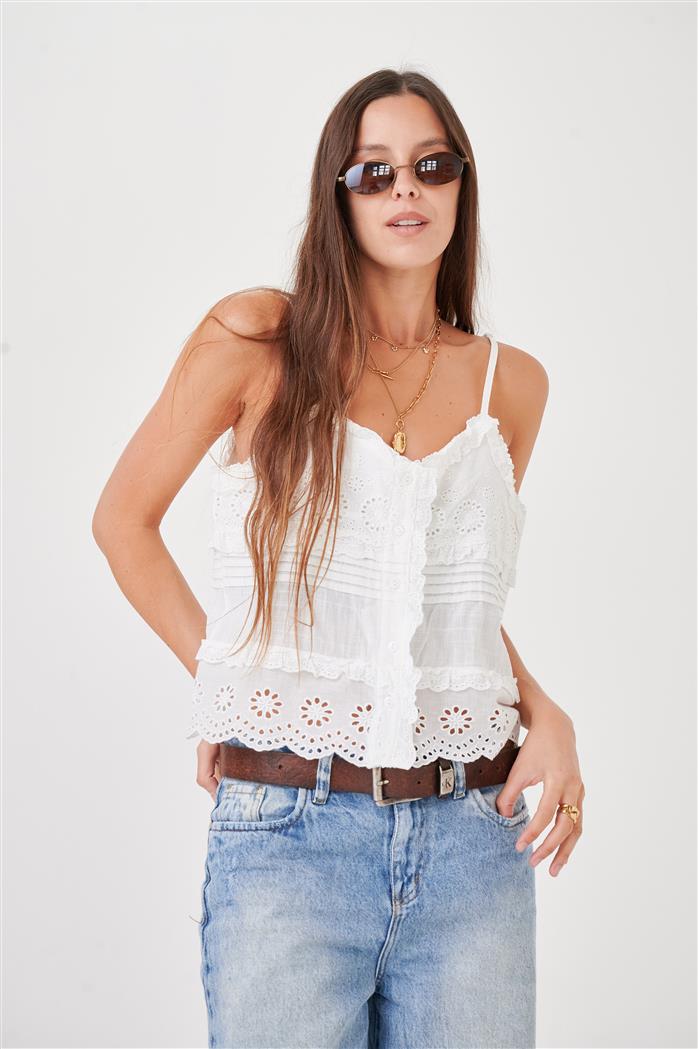 Musculosa  Kavanah de Lino  Abotonada con Tablitas y Broderie GUK4067