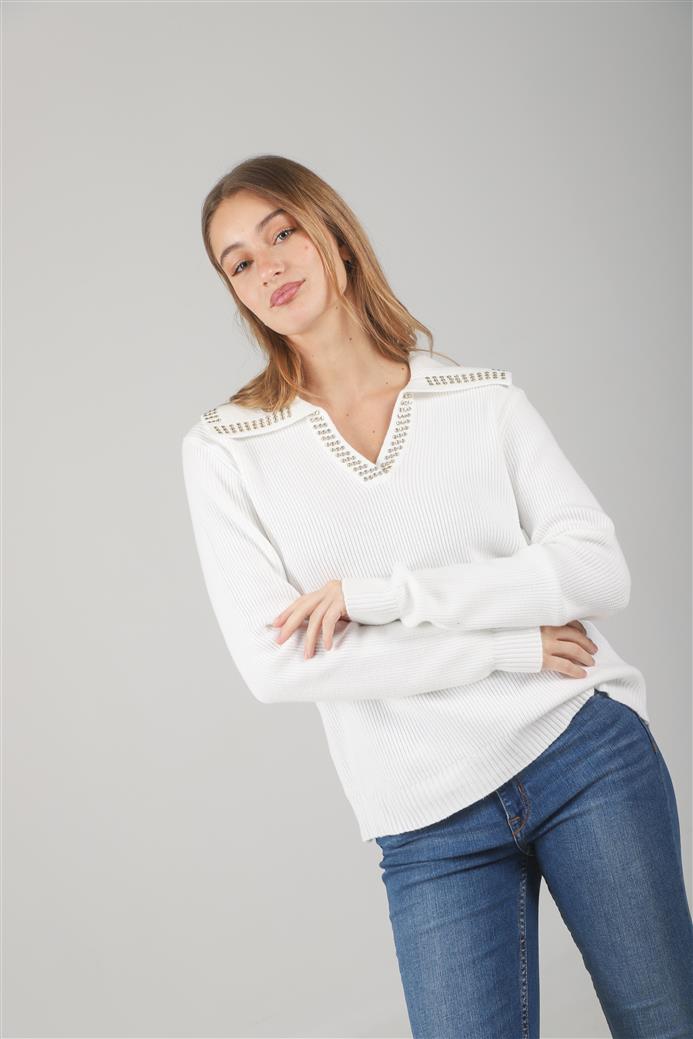 Sweater Bonjour Tipo Chomba C/ Tachas en Cuello GUL652